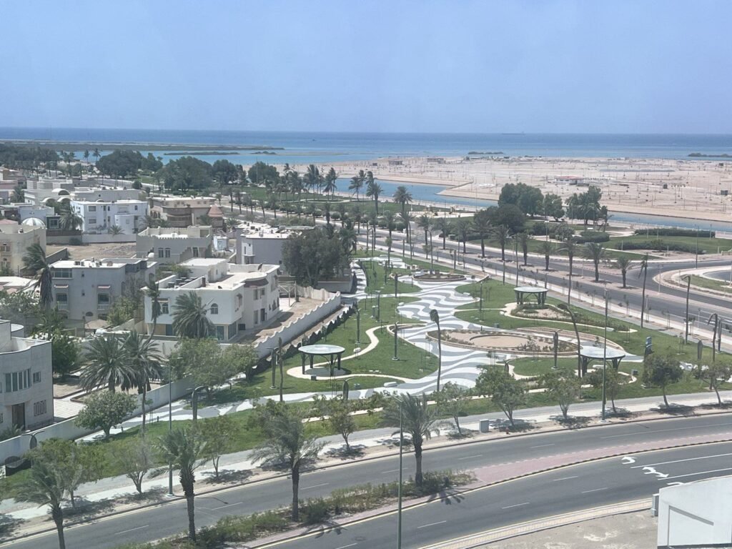 Aerial view of the park and the sea beyond